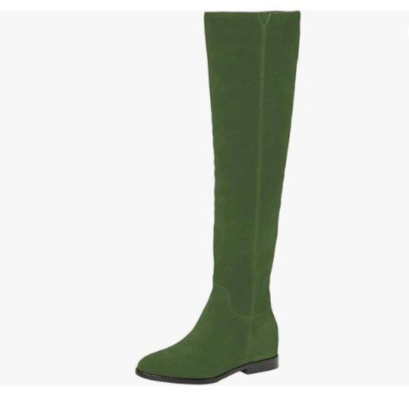 Shoes - Green Almond Toe Knee High Boots with Partial Zipper Stretchy Dressy Long Boot